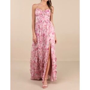 NWT Lulus Novella Pink Floral Ruffled Bustier Lace-Up Maxi Dress Medium